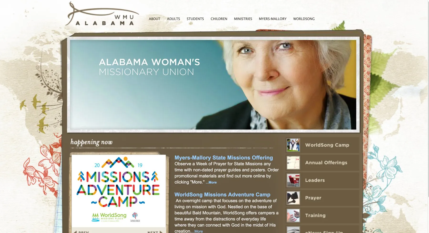The old Alabama WMU home page, with a collage-style header and a sidebar promoting Missions Adventure Camp.