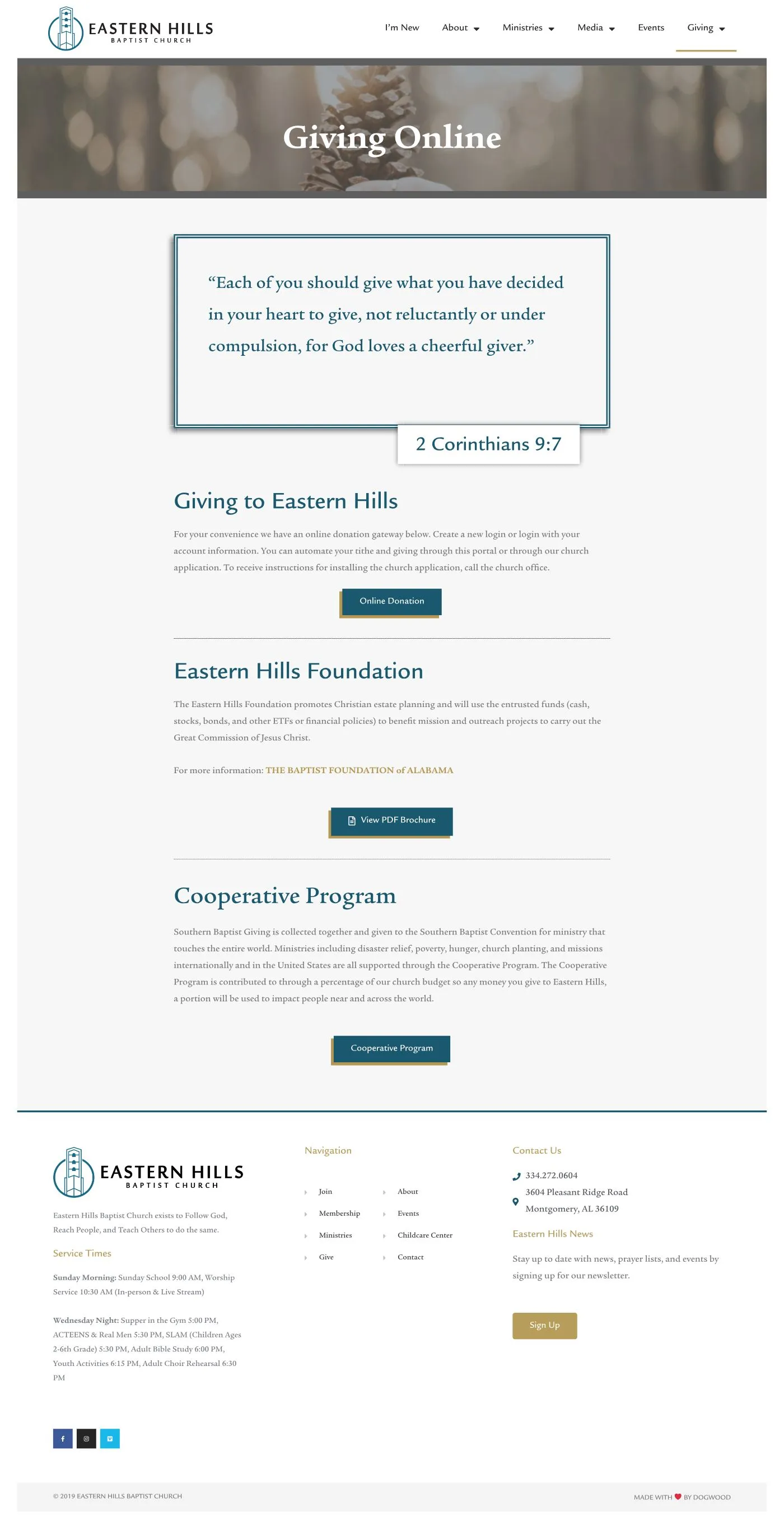 The full Eastern Hills Baptist Church giving page, with a scripture quote and online giving options.