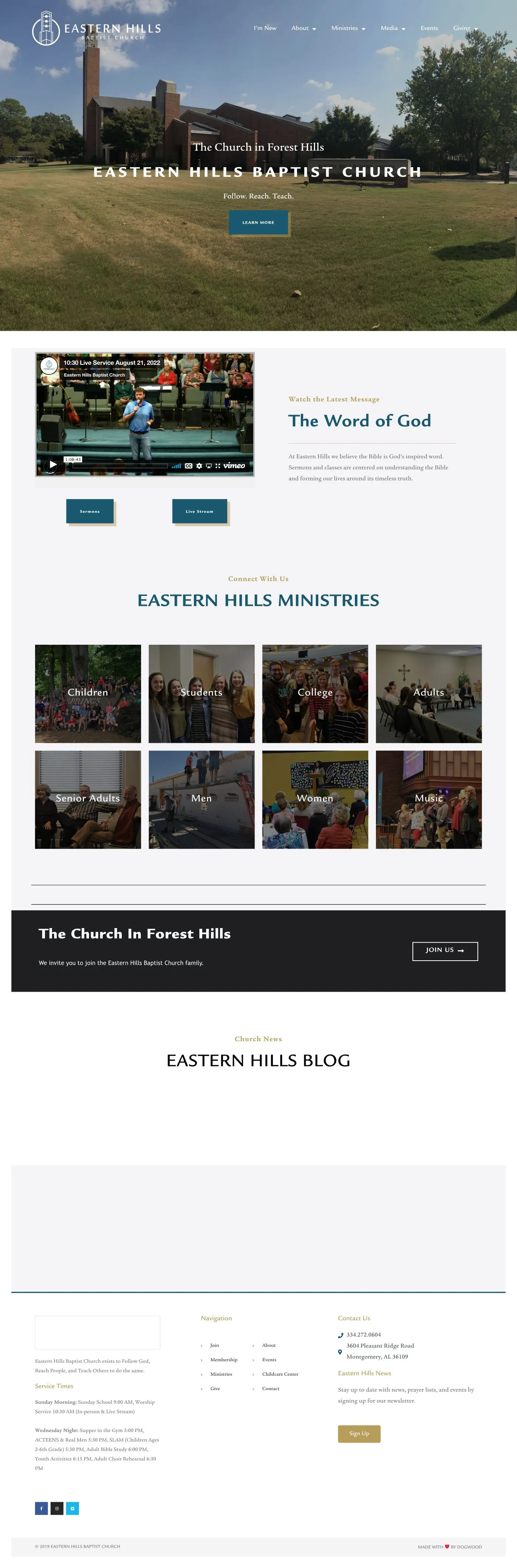 The full Eastern Hills Baptist Church home page, including the latest message and a grid of ministries.