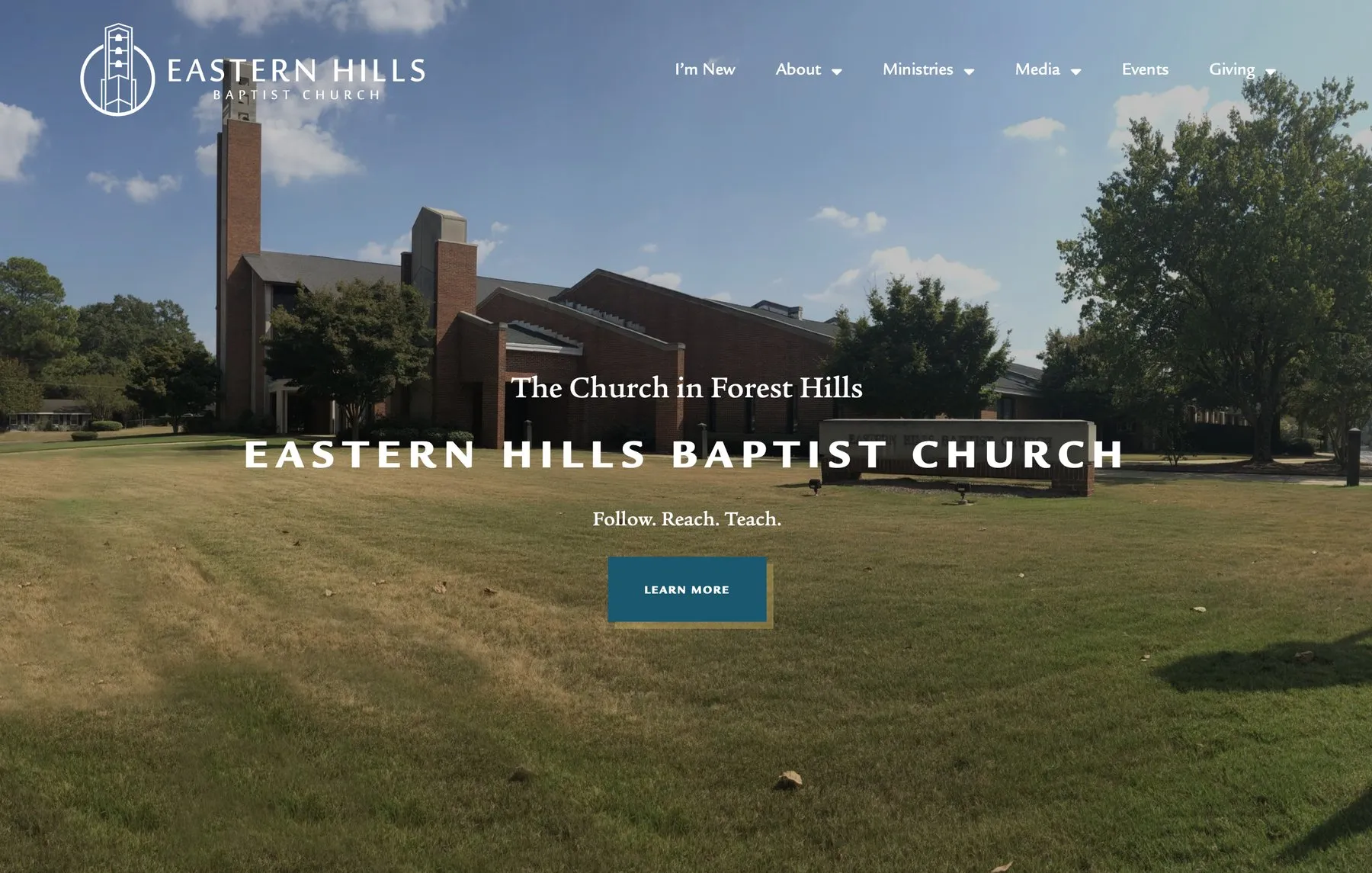 The Eastern Hills Baptist Church home page: the church building and lawn under a blue sky, with the tagline Follow. Reach. Teach.