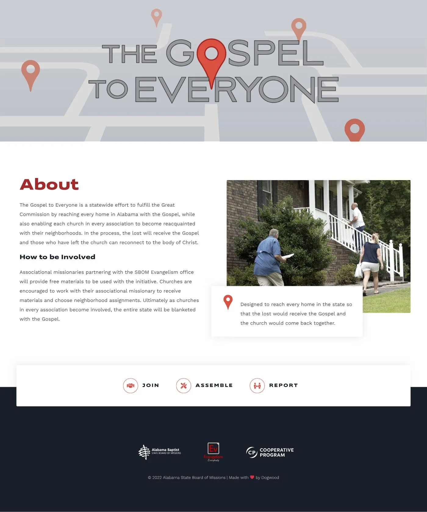 The full Gospel to Everyone home page, with an About section, a photo of volunteers walking up to a house, and Join, Assemble, and Report links.