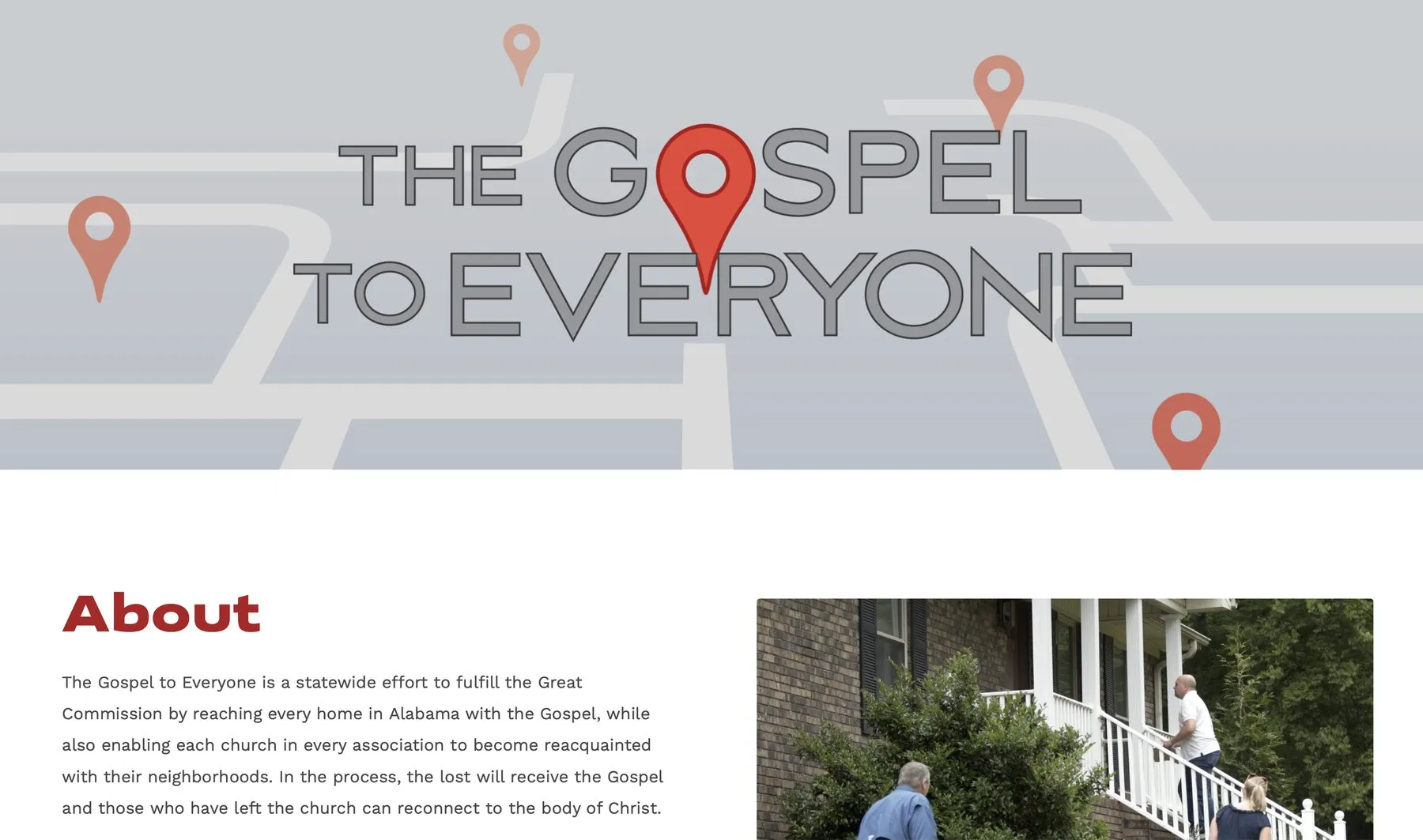 The Gospel to Everyone website: the initiative's logo over a stylized street map with location pins.